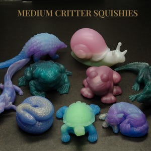 Pode incluir: Uma coleção de dez brinquedos macios de tamanho médio, pintados à mão e com cores vibrantes. Os brinquedos têm a forma de vários animais, incluindo um caracol, um sapo, uma tartaruga, um lagarto e um axolotl. Os brinquedos são feitos de um material macio e flexível, perfeitos para apertar e brincar.