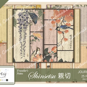 Op de afbeelding: Een digitale collagekit voor scrapbooking of journalen met een Japanse esthetiek. De kit bevat 25 pagina's met afbeeldingen van vogels, bloemen en traditionele Japanse tekst. De tekst "Shinsetsu 親切" staat op de voorkant van de kit.
