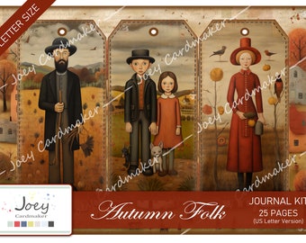 May include: A digital printable journal kit with three illustrated panels featuring people in autumnal clothing. The panels are labeled "Autumn Folk" and include the text "Journal Kit 25 Pages (US Letter Version)".
