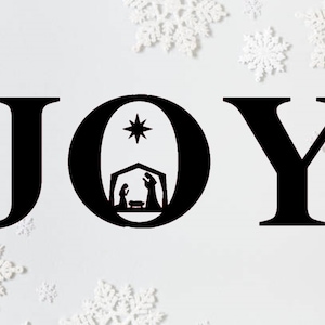 Holiday Clipart: Black Word "Joy" in Fancy Lettering with Baby Jesus Manger Scene in the Letter "O" - Christmas Theme - Digital Download SVG