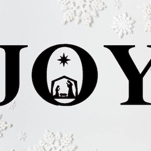 Holiday Clipart: Black Word &quot;Joy&quot; in Fancy Lettering with Baby Jesus Manger Scene in the Letter &quot;O&quot; - Christmas Theme - Digital Download SVG