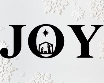 Holiday Clipart: Black Word "Joy" in Fancy Lettering with Baby Jesus Manger Scene in the Letter "O" - Christmas Theme - Digital Download SVG