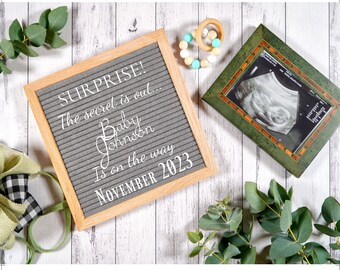 Digital pregnancy announcement, Editable neutral pregnancy announcement, Beige Air Balloon, Dark Letter Board Announcement