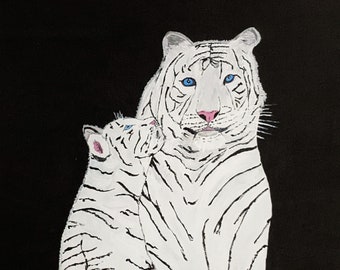white tiger, tiger painting, tiger wall art,  tiger wall decor, wild animal art, tiger canvas, tiger artwork, baby tiger, tiger wall hanging