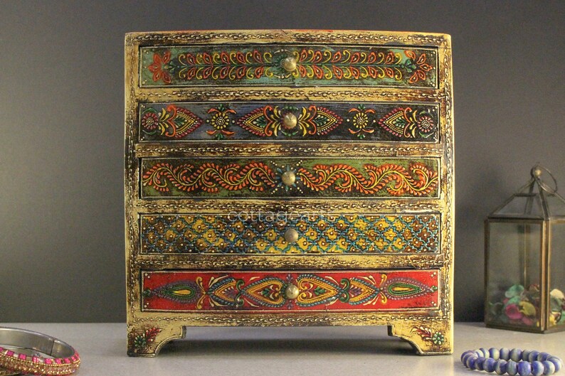 Wooden Hand Painted Drawer Ethnic Chest of Drawers Jewellery Box Wooden box Trinket Box Girl/'s Gift Mother/'s Day Gift BohoStyle