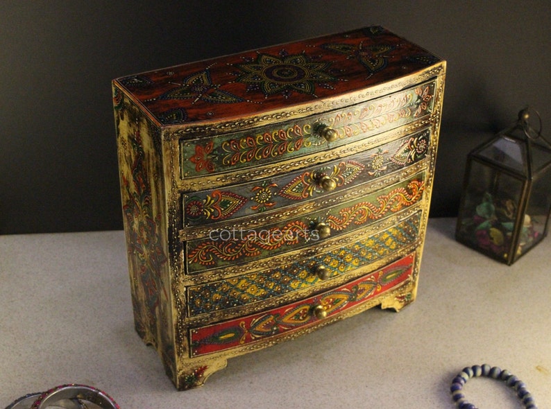 Wooden Hand Painted Drawer Ethnic Chest of Drawers Jewellery Box Wooden box Trinket Box Girl/'s Gift Mother/'s Day Gift BohoStyle