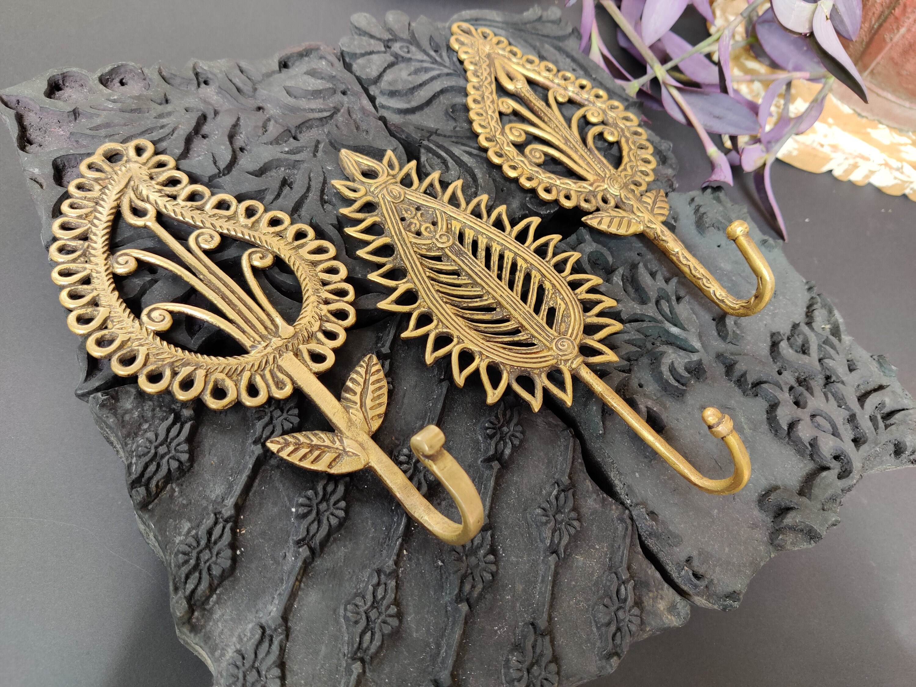 Brass Key Hanger coat Hooks Leaf Design Set of 3 Etsy