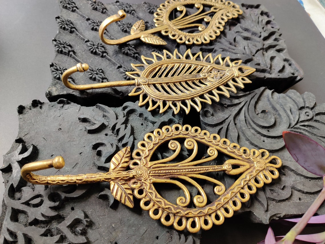 Brass Key Hanger coat Hooks Leaf Design Set of 3 Etsy