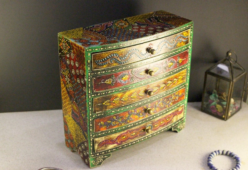 Wooden Hand Painted Drawer Ethnic Chest of Drawers Jewellery Box Wooden box Trinket Box Girl/'s Gift Mother/'s Day Gift BohoStyle