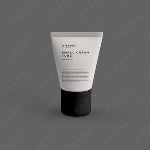 May include: White tube with a black cap. The tube has the text "DHAMA" and "SMALL CREAM TUBE MOCKUP" printed on it.