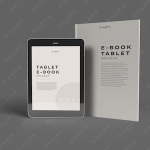 Puede incluir: Una maqueta de una tableta y un libro con el texto "Tablet E-Book Mockup" en la pantalla y "E-Book Tablet Mockup" en el libro. El texto en el libro dice "Lorem ipsum dolor sit amet, consectetuer adipiscing elit, sed diam nonummy nibh euismod tincidunt ut laoreet dolore magna aliquam erat volutpat. Ut wisi enim ad minim veniam, quis nostrud exerci tation ullamcorper suscipit lobortis nisl ut aliquip ex ea commodo consequat. Duis autem vel eum iriure dolor in hendrerit in vulputate velit esse molestie consequat, vel illum dolore eu feugiat nulla facilisis at vero eros et accumsan et iusto odio"