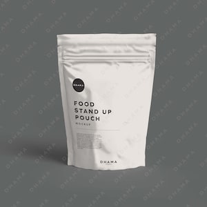 May include: White stand-up pouch mockup with the text "FOOD STAND UP POUCH MOCKUP" and the logo "DHAMA STUDIO".