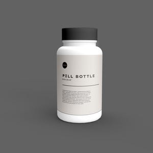 May include: A white plastic pill bottle with a black screw-on cap. The bottle features a beige label with a small black circle icon, the text PILL BOTTLE MOCKUP in bold, and a block of placeholder lorem ipsum text below a horizontal line.