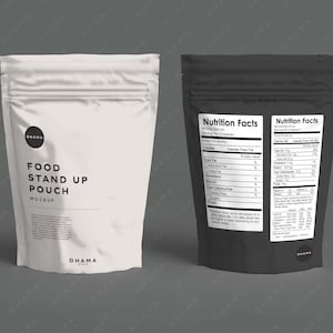 May include: A white and black mockup of a food stand up pouch with the text "FOOD STAND UP POUCH MOCKUP" on the front and a nutrition facts label on the back.