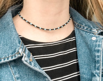 black and teal seed bead choker necklace beaded choker