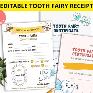 Reçu de fée des dents modifiable, certificat de fée des dents imprimable, tableau d’enregistrement des dents, rapport de la première dent perdue, visite officielle, cadeau de fée