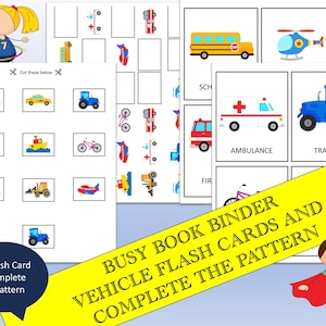Vehicles Flash Cards Worksheet, Vehicle Matching Game, Educational Preschool Printable Activity, Homeschool, Busy Binder,Insert,Transport
