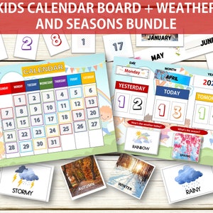 Eeuwigdurende kalender, Weergrafiek voor voorschoolse montessori kinderen| Thuisschoolactiviteiten| Afdrukbare kinderkalender| Kinderochtendbord | Seizoen