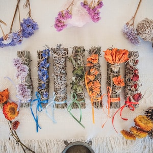 Smudge Sticks with Chakra colored Flowers - Sage, Rosemary, Lavender & Thyme - Gift, Witchcraft Supplies, Pagan Altar