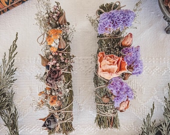 Floral Cedar Smudge Stick: Lavender, Roses, Heather - Organically Grown Cleansing Herbs for Witchcraft & Spellcasting