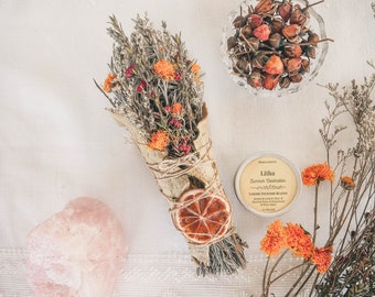 Litha Lavender Smudge Stick Bundle: Roses & Loose Incense Blend - Organically Grown Cleansing Herbs