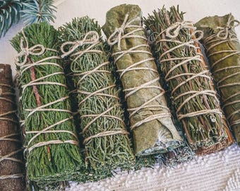 May include: A collection of six smudge sticks bundled with twine. The smudge sticks are made of dried herbs and leaves, including cedar, sage, and palo santo.
