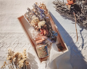 Love & Renewal Smudge Stick-bundel: Easter Ostara Harmony Energies, aromatherapie, kwartskristal, houten kist, veren, rituele benodigdheden