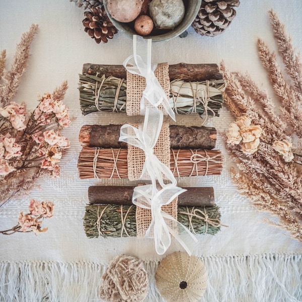 Sacred & Magical Trees Smudge Sticks with Wooden Stick Bundle (Oak, Pine, Eucalyptus, Cedar, Juniper, Olive) - Witchcraft Supplies, Ritual