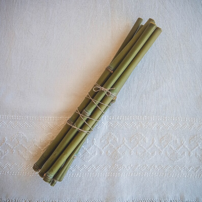 Op de afbeelding: Een bundel groene bamboestengels samengebonden met touw. De bamboe heeft een natuurlijk, gesegmenteerd uiterlijk en is diagonaal geplaatst tegen een witte, getextureerde achtergrond.