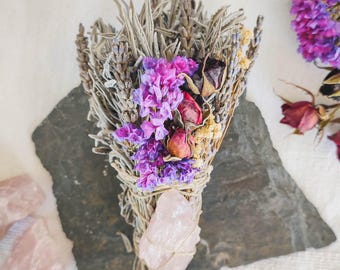 Inner Peace Smudge Stick - Lavender & Roses Smudge Stick, Abundance Harmony, Aromatherapy, Quartz Crystal, Ritual Essentials