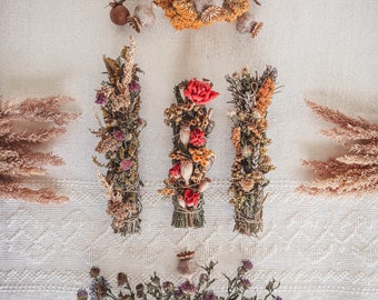 Mabon Smudge Stick with Flowers & Loose Incense Blend: Organic Cleansing Herbs for Witchcraft, Spellcasting