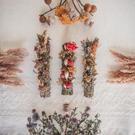 Mabon Smudge Stick with Flowers & Loose Incense Blend: Organic Cleansing Herbs for Witchcraft, Spellcasting