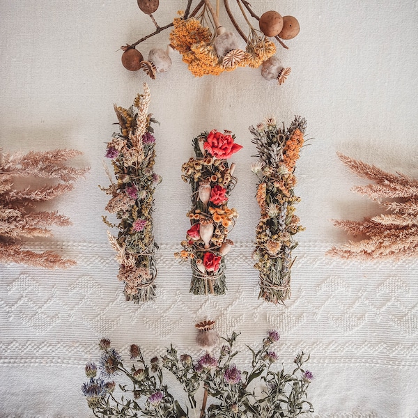 Mabon Smudge Stick with Flowers (Lavender, Rosemary, Cedar) & 2 Bouquets Bundle - Witchcraft Supplies, Magick, Spell, Pagan, Gift