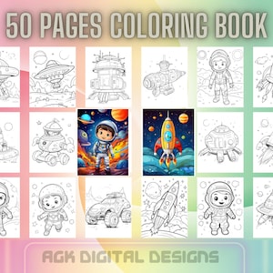 Libro para colorear del espacio, 50 páginas, PDF imprimible, divertido y educativo, planetas, astronautas, cohetes, aventuras en el espacio exterior para niños y adultos