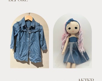 Custom handmade Stuffed Memory Doll, Keepsake Stuffed Doll, Handmade from dresses, pajamas,baby one’s or  deceased loved one’s clothes
