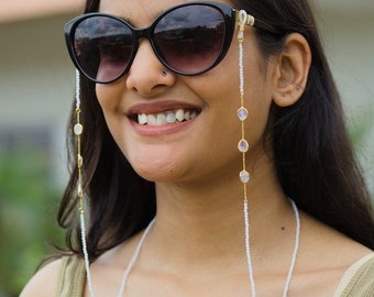 Piedra lunar, semipreciosa, amuleto de la suerte, cadena de gafas, cadena de gafas de sol, cadena de máscara facial, joyería hecha a mano