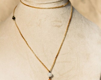 Citrine Necklace: Tassel Necklace, Tiny gemstone long mala, 2.20mm micro faceted beads, beach jewelry for unisex 16 Inch