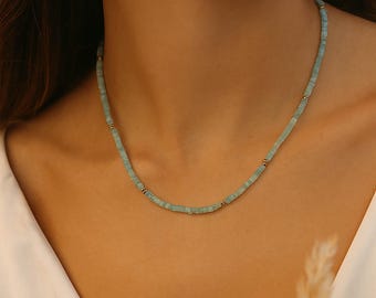 Aquamarine Necklace, Beaded Necklace, 5mm Heishe Shape Aquamarine Beads and silver ball, Gemstone Jewelry, Bohemian jewelry, gift for her