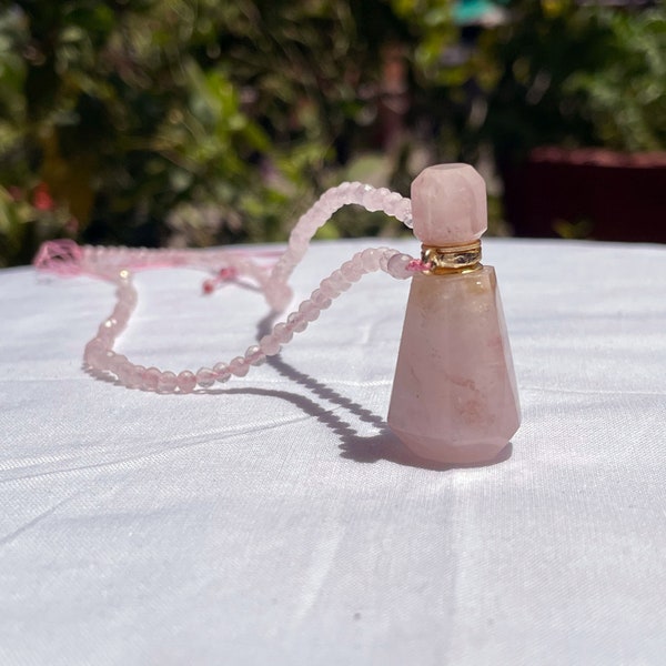 Perfume bottle necklace, beaded necklace, Vial perfume jewelry, gift for her, Rose quartz necklace, hand carved, faceted necklace.