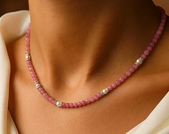 Tourmaline Necklace, beaded necklace, 3mm Micro Faceted Dainty Pink gemstone beads, Minimalist jewelry for Gifts Women or girls