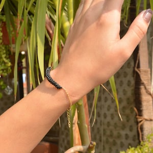 Black Spinel Beaded Bracelet: Minimalist Silver Jewelry, 2.5mm Beads