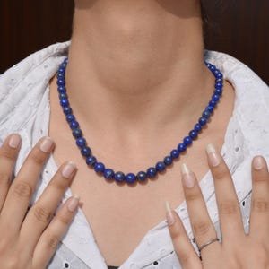 Lapis Lazuli Beaded Necklace, 6-8mm Blue Lapis Lazuli Roundel Bead Necklace, Semi Precious, Blue Round Beads Necklace 18 - 22 Inch