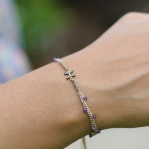 Amethyst Beaded Bracelet: Pisces Zodiac Diamond Charm, Macrame Jewelry