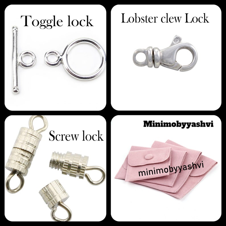 May include: Four different types of jewelry clasps: a toggle lock, a lobster claw lock, a screw lock, and a set of three pink velvet jewelry pouches with the text "minimobyyshvi" printed on them.