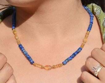 Lapis Lazuli & Citrine Beaded Necklace: Multistone Birthstone Jewelry