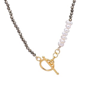 Natural Pyrite & Pearl Beaded Necklace - 14KT Gold Plated