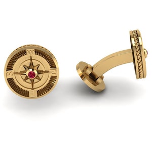 Ruby Cufflinks, 14kt gold plated with silver, monogram shirt option, Ruby glass compass cufflink, handmade, gemstone cufflink, for gift