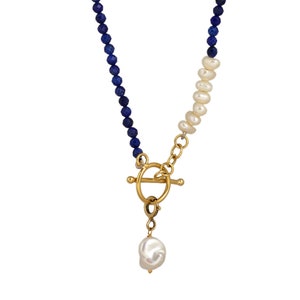 Lapis Lazuli Necklace, 14KT Gold Plating, Beaded Lapis Lazuli, Pearls Pendant, Lapis lazuli beads, Women Necklace, Tiny Lapis Jewelry, gift