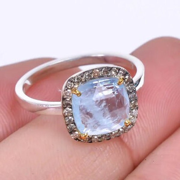 Aquamarine ring, 92.5 Sterling silver, statement ring, Aquamarine diamond jewelry, 14kt gold prongs, handmade, gemstone ring, for women