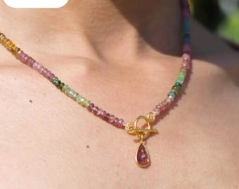 AAAA+ multi tourmaline necklace,92.5 Sterling Silver, Watermelon tourmaline necklace, colorful tourmaline beads, Women Jewelry, mom's gift